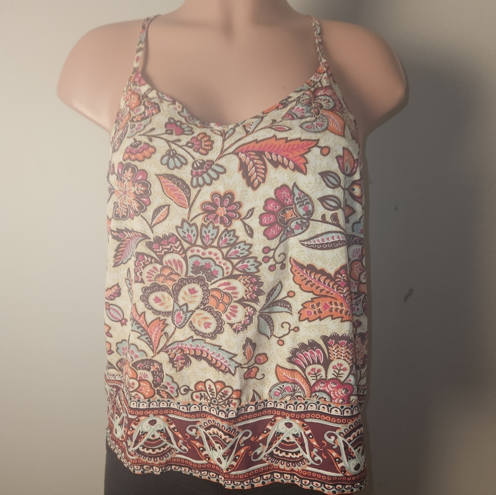 Hollisrer Women Blouse Floral Paisley Spaghetti Strap Tank Top - Cream & Pink, S